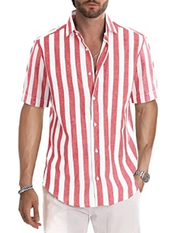 JMIERR Men's Casual Short Sleeve Button-Up Striped Dress Shirts Cotton Shirt