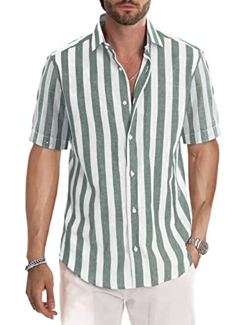 JMIERR Men's Casual Short Sleeve Button-Up Striped Dress Shirts Cotton Shirt