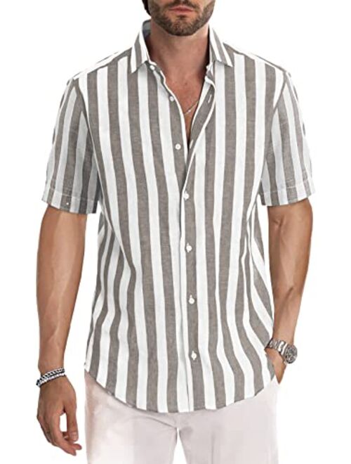 JMIERR Men's Casual Short Sleeve Button-Up Striped Dress Shirts Cotton Shirt