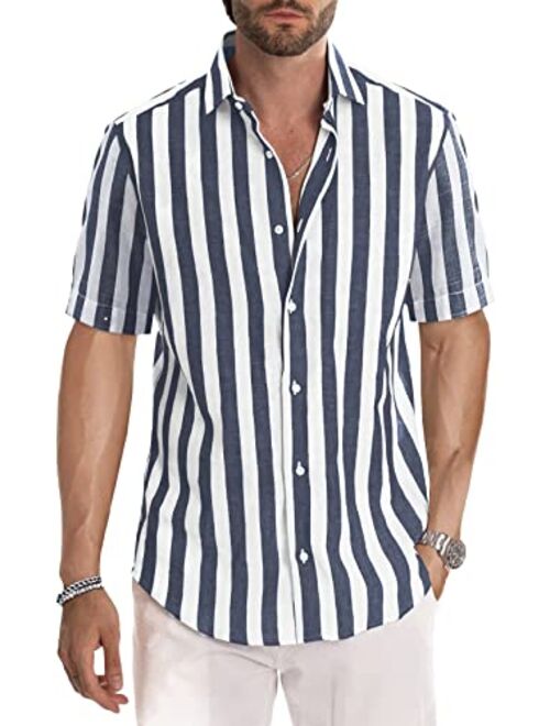 JMIERR Men's Casual Short Sleeve Button-Up Striped Dress Shirts Cotton Shirt