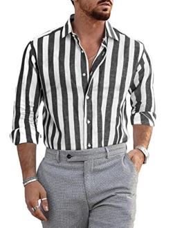 JMIERR Men's Casual Long Sleeve Button-Down Shirts Striped Dress Shirts Cotton Shirt