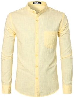 Men's Cotton Linen Long Sleeve Button Up Banded Collar Shirts with Pocket