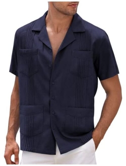 Men's Cuban Shirt Casual Linen Guayabera Summer Beach Button Down Shirt