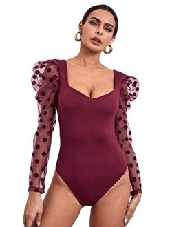 Women's Polka Dots Sheer Dobby Mesh Square Neck Long Sleeve Skinny Bodysuit