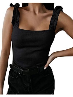 Imysty Women's Square Neck Ruffle Strap Stretchy Ribbed Basic Cami Bodysuit Jumpsuits