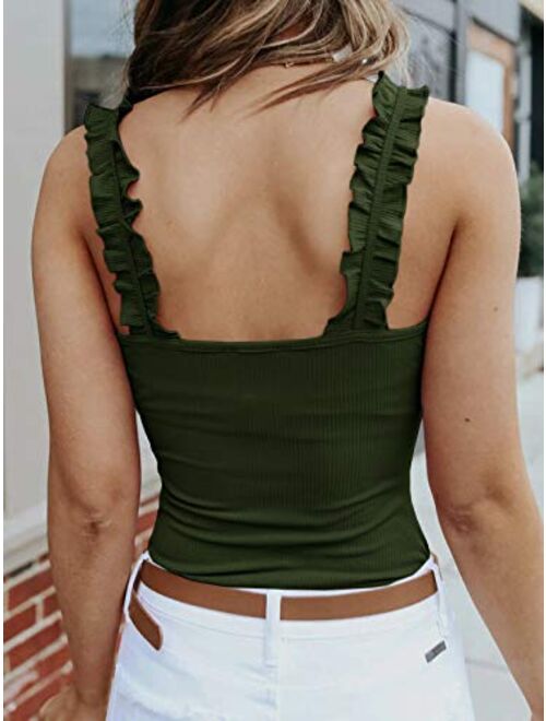 Imysty Women's Square Neck Ruffle Strap Stretchy Ribbed Basic Cami Bodysuit Jumpsuits