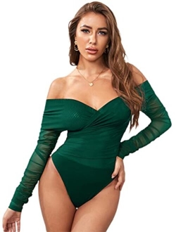 Women's Criss Cross Sheer Mesh Wrap Off The Shoulder Skinny Elegant Bodysuit