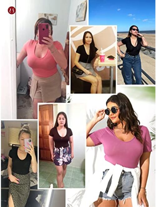 POSESHE Women's Plus Size Bodysuit V neck Short Sleeves Casual Basic Bodysuit Tops Jumpsuit T-shirts