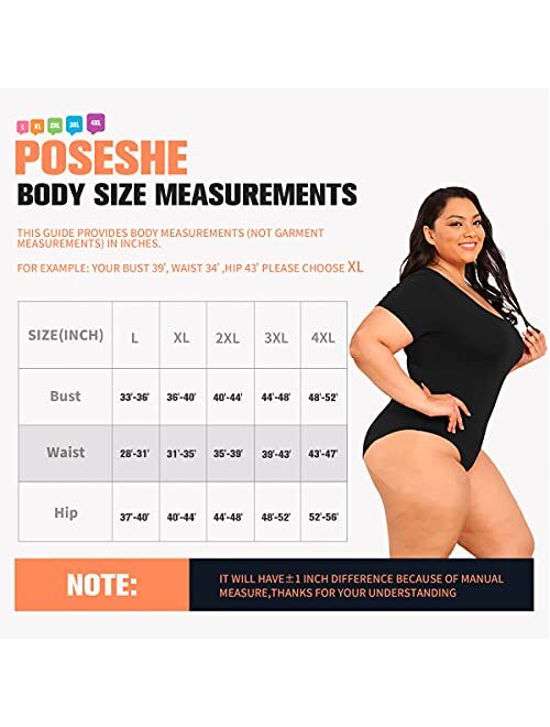 POSESHE Women's Plus Size Bodysuit V neck Short Sleeves Casual Basic Bodysuit Tops Jumpsuit T-shirts