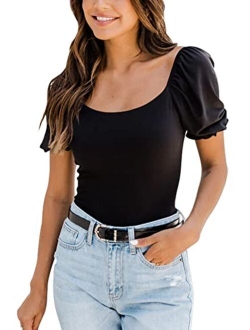 IHOT Women's Square Neck Short Sleeve Puff Sleeve Off Shoulder T Shirts Tops Bodysuit Jumpsuit