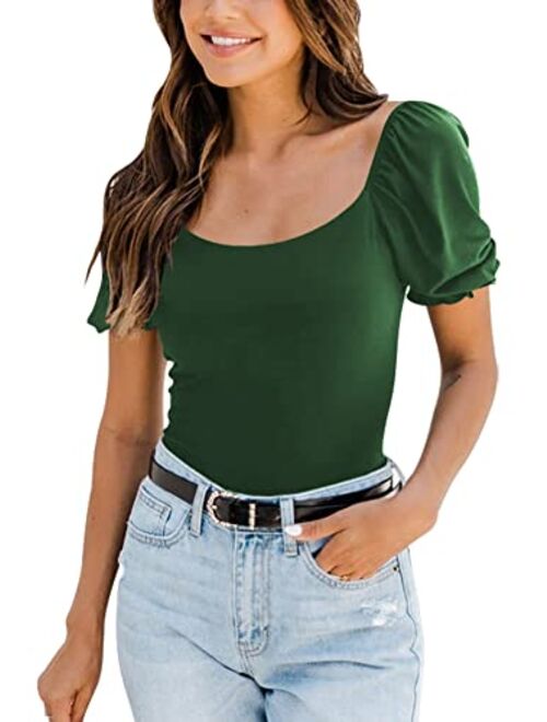 IHOT Women's Square Neck Short Sleeve Puff Sleeve Off Shoulder T Shirts Tops Bodysuit Jumpsuit