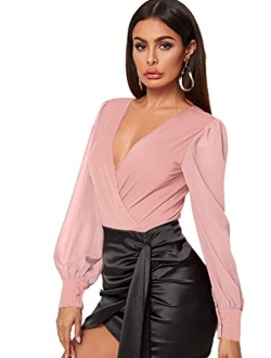 Women's V Neck Surplice Front Lantern Long Sleeve Bodysuit