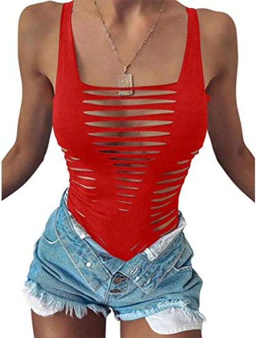 GOKATOSAU Women's Sexy Summer Cut Out Sleeveless Bodycon Party Bodysuits Clubwear