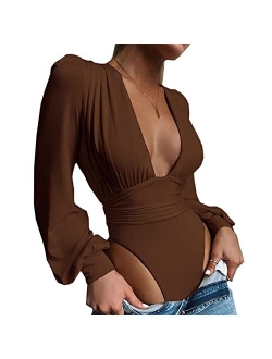 Weigou Women Jumpsuits Long Sleeve V Neck Pleated Loose Bodysuits Tops for Women Leotard Shirts