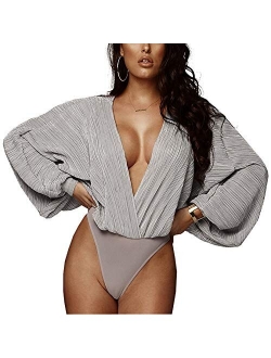 Weigou Women Jumpsuits Long Sleeve V Neck Pleated Loose Bodysuits Tops for Women Leotard Shirts