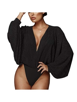 Weigou Women Jumpsuits Long Sleeve V Neck Pleated Loose Bodysuits Tops for Women Leotard Shirts