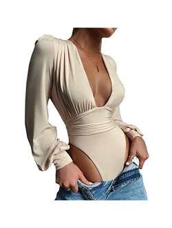 Weigou Women Jumpsuits Long Sleeve V Neck Pleated Loose Bodysuits Tops for Women Leotard Shirts