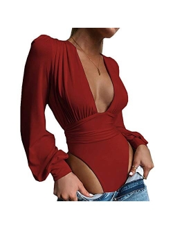 Weigou Women Jumpsuits Long Sleeve V Neck Pleated Loose Bodysuits Tops for Women Leotard Shirts