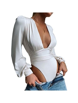 Weigou Women Jumpsuits Long Sleeve V Neck Pleated Loose Bodysuits Tops for Women Leotard Shirts