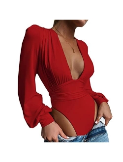 Weigou Women Jumpsuits Long Sleeve V Neck Pleated Loose Bodysuits Tops for Women Leotard Shirts