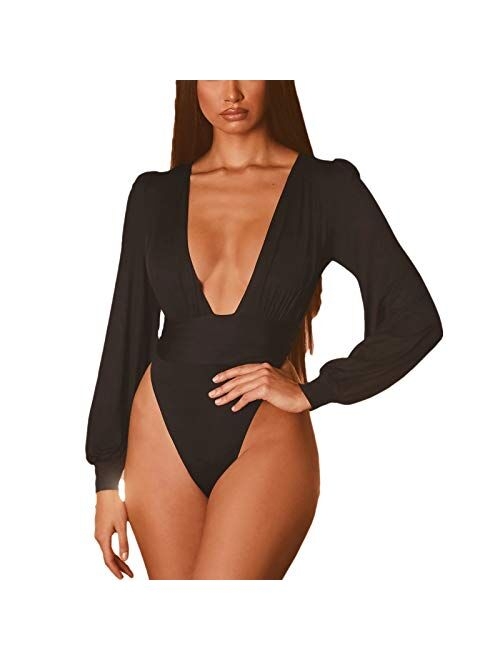 Weigou Women Jumpsuits Long Sleeve V Neck Pleated Loose Bodysuits Tops for Women Leotard Shirts