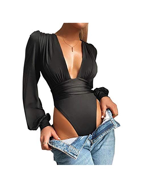 Weigou Women Jumpsuits Long Sleeve V Neck Pleated Loose Bodysuits Tops for Women Leotard Shirts