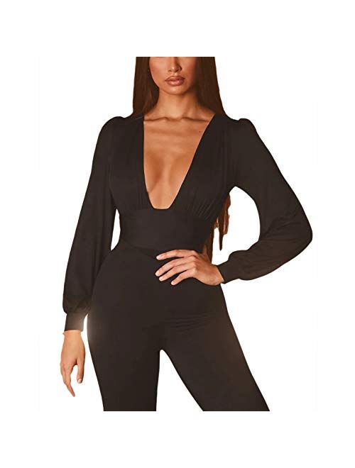 Weigou Women Jumpsuits Long Sleeve V Neck Pleated Loose Bodysuits Tops for Women Leotard Shirts