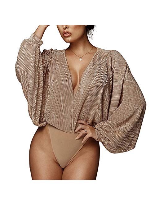 Weigou Women Jumpsuits Long Sleeve V Neck Pleated Loose Bodysuits Tops for Women Leotard Shirts