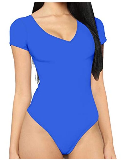 MANGDIUP Women's V Neck Short Sleeve Bodysuit Jumpsuit Tops