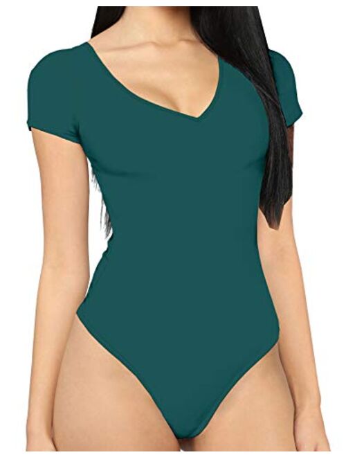 MANGDIUP Women's V Neck Short Sleeve Bodysuit Jumpsuit Tops