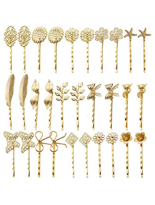 Globalsupplier inSowni 30 Pack/15 Pairs Light Gold Retro Vintage Metal Bobby Pins Hair Clips Barrettes Accessories for Women Girls