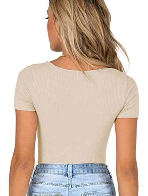 MISSJOY Women Long Sleeve Short Sleeve bodysuits Crew Neck Ribbed Knit Leotards Underbust Detailing Tops