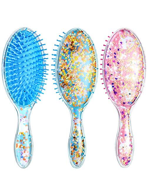 Patelai 2 Pieces Kids Wet Hair Brush Confetti Glitter Detangler Hair Brush Set Soft Bristles Massage Brush for Baby Kids Girls Curly Straight Long Short Hair