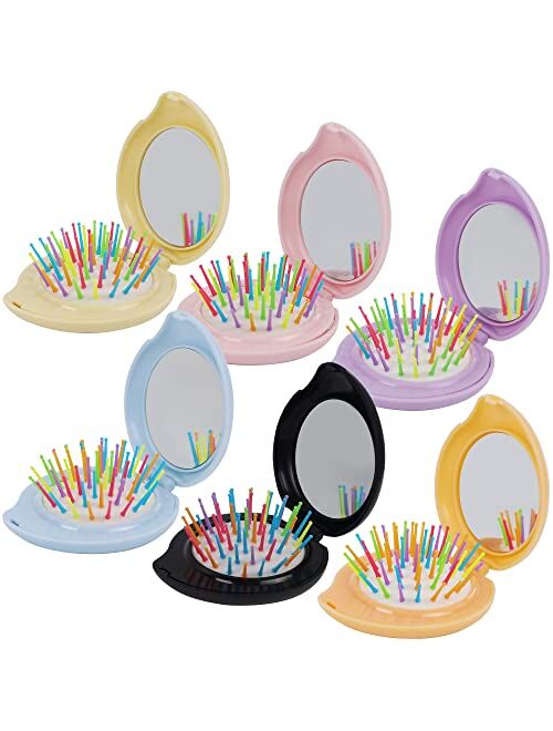 Happy Trees 6 PCS Round Travel Hair Brush with Mirror Folding Pocket Hair Brush Mini Hair Comb with Makeup Mirror for Travel (Set of 6)