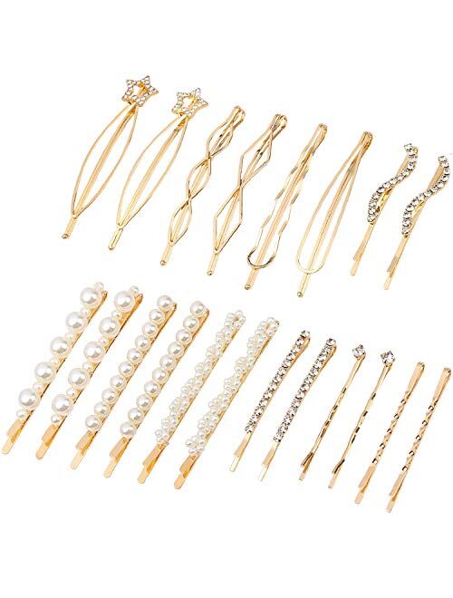 Folansy 20 Pieces Elegant Hair Barrettes Bridal Golden Metal Hair Clip Artificial Pearl Hair Pins and Clear Rhinestone Bobby Pin for Weddings Hair Accessories