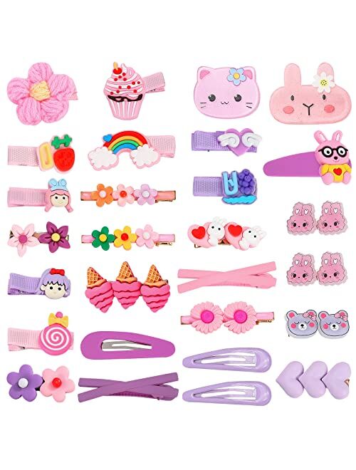 Eermvcton 28 Pcs Cute Hair Clips for Baby Girls Non Slip Hair Pins Cute Chicken, Giraffe, Pineapple Rainbow Sun Flower Angel Cat Hair Barrette Hairpin Hair Accessories Ha