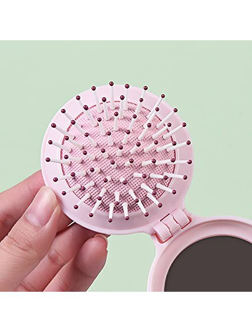 Trikeel Mini Hair Brush for Purse, Pocket Hair Brush with Mirror for Girls, Small Portable Mirror with Brush Travel Size, Pink