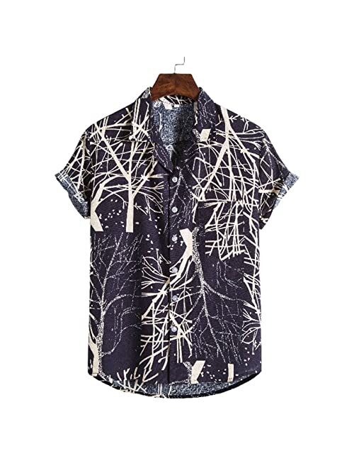 YawYews Mens Linen Hawaiian Shirts Short Sleeve Button Down Shirts Vacation Summer Floral Beach Shirts