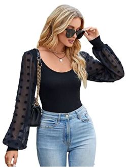 Women's Puff Sleeve Black Bodysuit Sexy Short Sleeve Bodysuit Scoop Neck Slim Fit Basic Jumpsuit