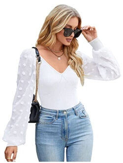 Women's Puff Sleeve Black Bodysuit Sexy Short Sleeve Bodysuit Scoop Neck Slim Fit Basic Jumpsuit