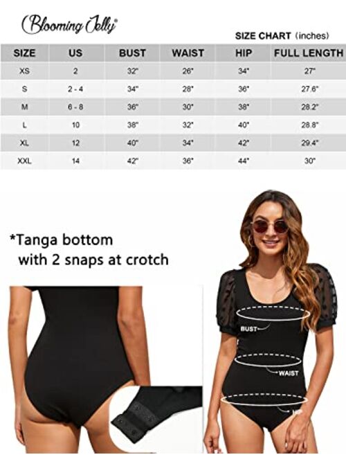 Blooming Jelly Women's Puff Sleeve Black Bodysuit Sexy Short Sleeve Bodysuit Scoop Neck Slim Fit Basic Jumpsuit