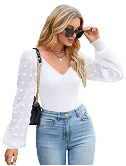 Blooming Jelly Women's Puff Sleeve Black Bodysuit Sexy Short Sleeve Bodysuit Scoop Neck Slim Fit Basic Jumpsuit