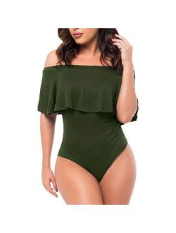 Antopmen Women's Ruffles Off Shoulder Sleeveless Bodysuit Leotards