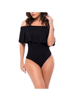 Antopmen Women's Ruffles Off Shoulder Sleeveless Bodysuit Leotards