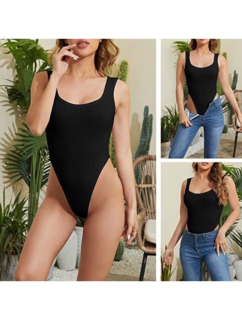 JUST BEHAVIOR Thong Bodysuit for Women High Cut Short Sleeve Sleeveless Racer Back Tank Top Body Suits