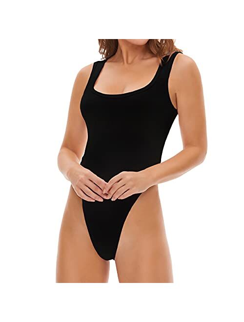 JUST BEHAVIOR Thong Bodysuit for Women High Cut Short Sleeve Sleeveless Racer Back Tank Top Body Suits