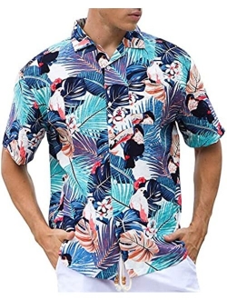 DUOFIER Men's Hawaiian Shirt Short Sleeves Printed Button Down Summer Beach Dress Shirts