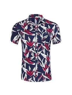 DUOFIER Men's Hawaiian Shirt Short Sleeves Printed Button Down Summer Beach Dress Shirts