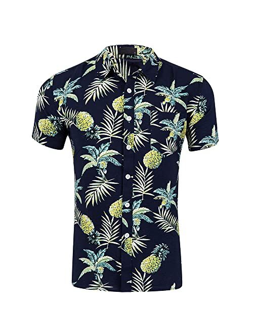 DUOFIER Men's Hawaiian Shirt Short Sleeves Printed Button Down Summer Beach Dress Shirts