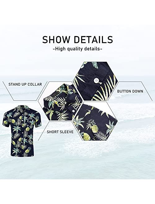 DUOFIER Men's Hawaiian Shirt Short Sleeves Printed Button Down Summer Beach Dress Shirts